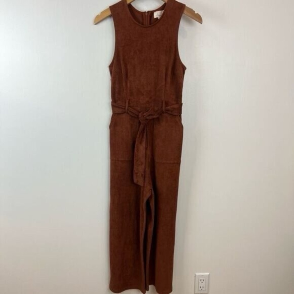 Anthropologie Brown Cedar Faux Suede Belted Sleeveless Jumpsuit Women XS Stretch